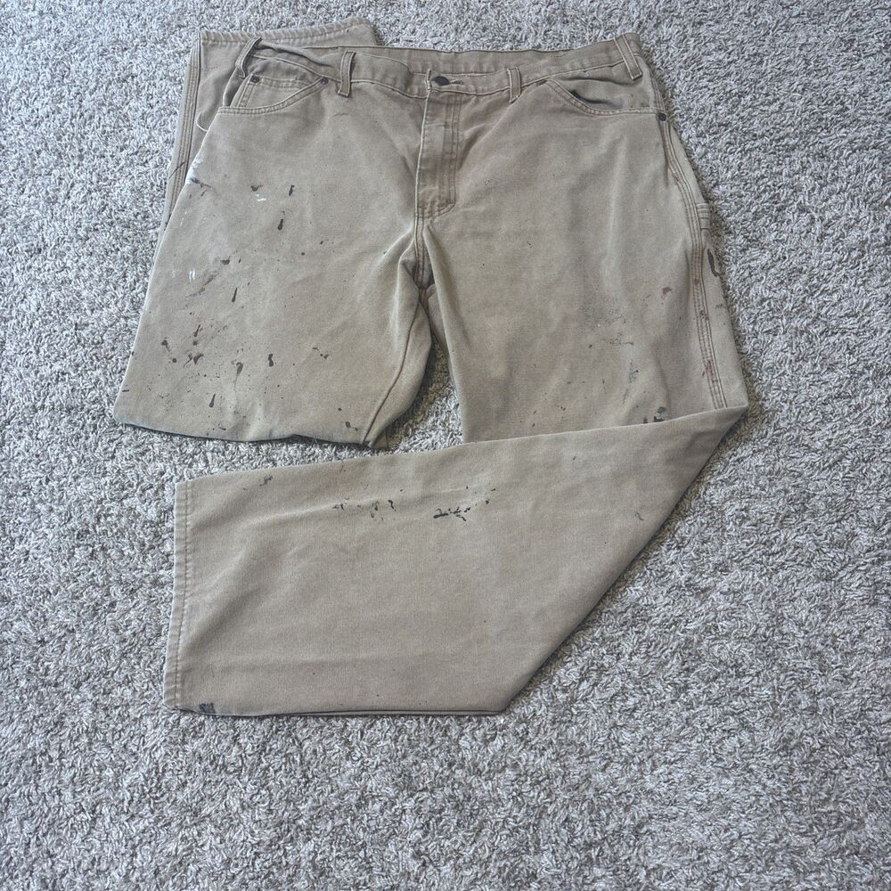 DICKIES Men's 38x32 Khaki Canvas Paint Splatter Carpenter Utility Work Pants Y2k